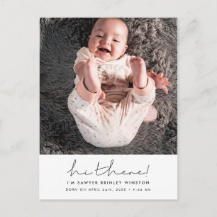 Minimalistisk handskriven Hej där nya bebis foto Vykort