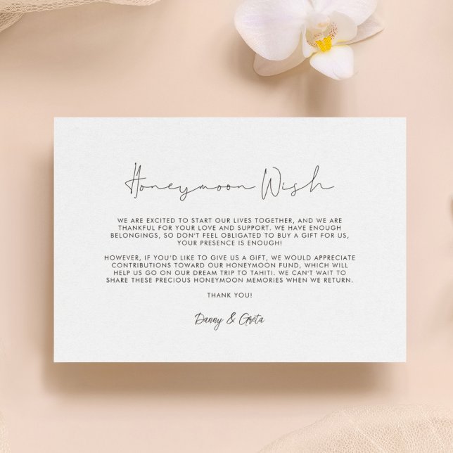 Minimalistisk, handskriven önskan från Honeymoon Tilläggskort (Minimalist handwritten Honeymoon wish Enclosure Card)