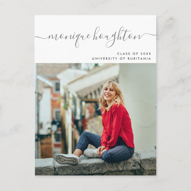 Minimalistisk handskriven Studentfest för Namn-fot Inbjudan Vykort (Framsida)