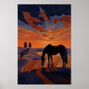Minimalistisk häst solnedgångstryck, Siluett med Poster