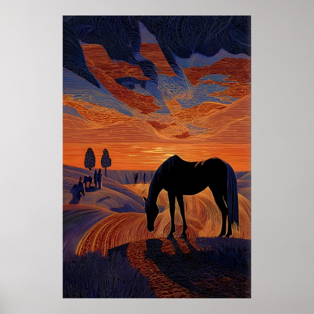 Minimalistisk häst solnedgångstryck, Siluett med Poster (Framsidan)