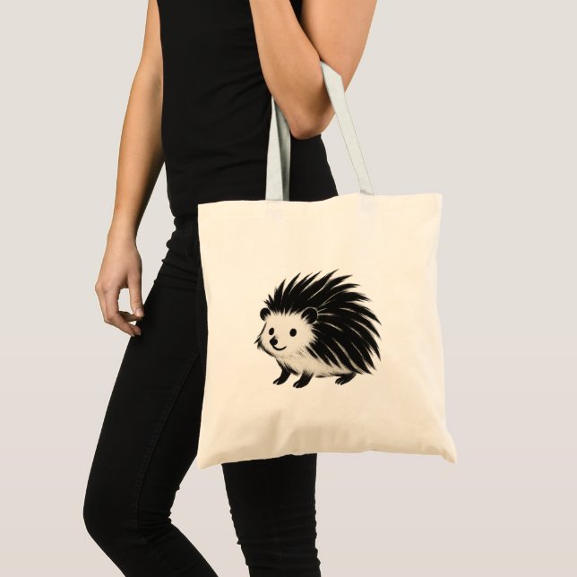Minimalistisk Hedgehog - Svart Bläck-djurdesign på Tygkasse (Framsida (produkt))