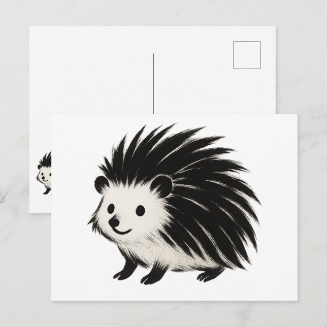 Minimalistisk Hedgehog - Svart Bläck-djurdesign på Vykort (Fram/baksida)