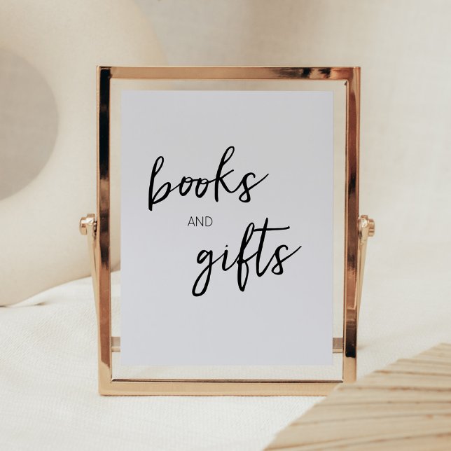 Minimalistisk Hej Baby Modern Bokar och gåvor Poster (Boho White Minimalist Baby Shower Books and Gifts Sign)