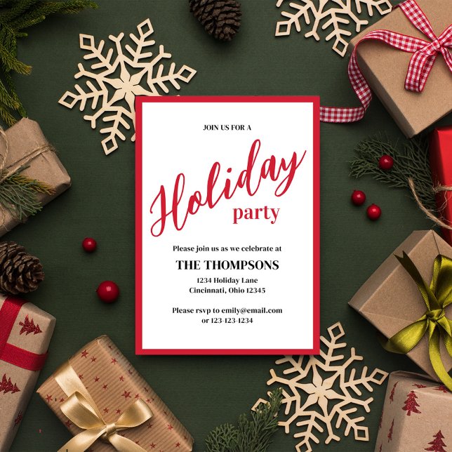 Minimalistisk helgdag av enkelt Cute Calligraphy-s Inbjudningar (Holiday calligraphy script party invitation with simple minimalist red lettering.)