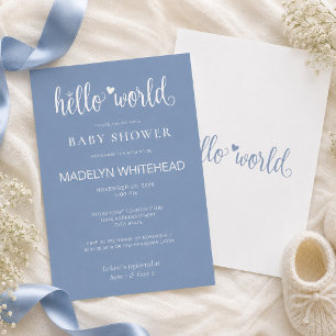 Minimalistisk Hello World Baby Shower Dammblå Inbjudningar