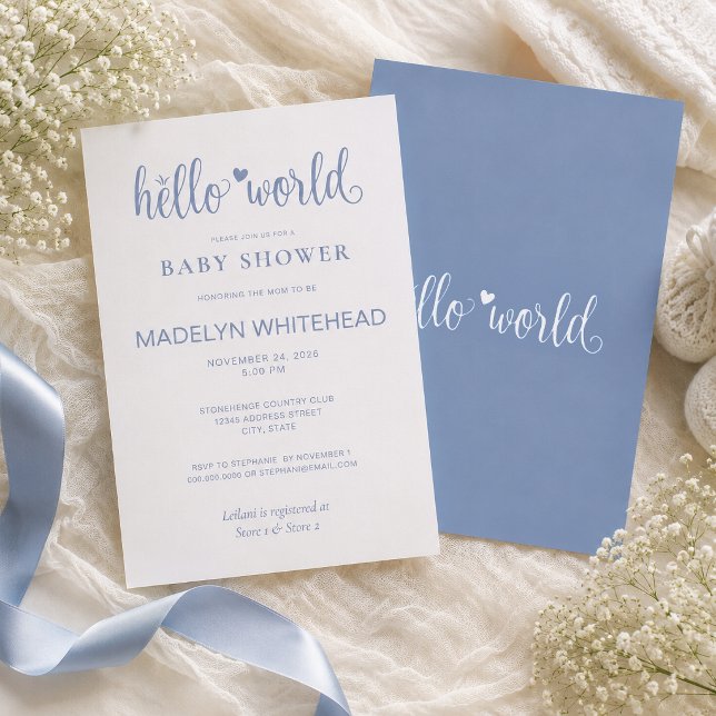 Minimalistisk Hello World Baby Shower Dammblå Inbjudningar (Invite your loved ones to you baby shower with these modern Hello World minimalistic Invitations.)
