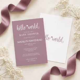 Minimalistisk Hello World Baby Shower Mauve Inbjudningar