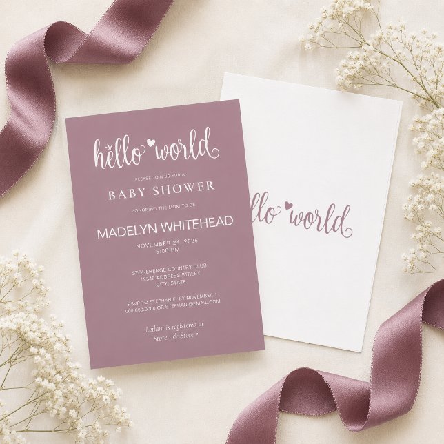 Minimalistisk Hello World Baby Shower Mauve Inbjudningar (Invite your loved ones to celebrate with this mauve hello world modern baby invitation.)