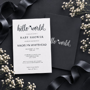 Minimalistisk Hello World Baby Shower Mjuk Svart Inbjudningar