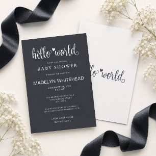 Minimalistisk Hello World Baby Shower Mjuk Svart Inbjudningar