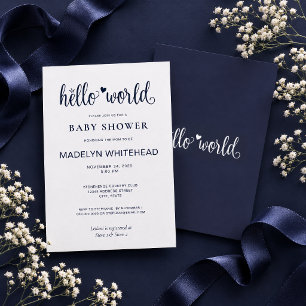 Minimalistisk Hello World Baby Shower Navyblå Inbjudningar