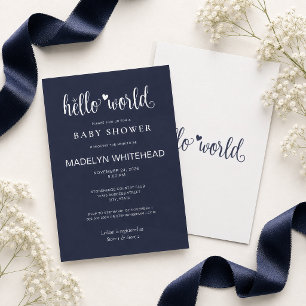 Minimalistisk Hello World Baby Shower Navyblå Inbjudningar