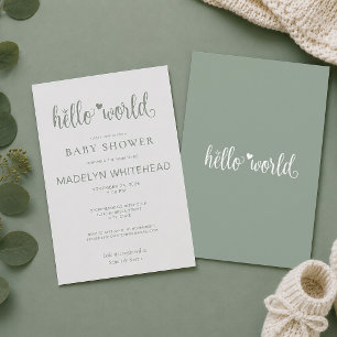 Minimalistisk Hello World Baby Shower Sagegrön Inbjudningar