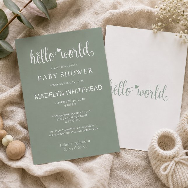 Minimalistisk Hello World Baby Shower Sagegrön Inbjudningar (Invite your loved ones to you baby shower with these modern Hello World minimalistic Invitations.)