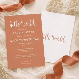 Minimalistisk Hello World Baby Shower Terracotta Inbjudningar