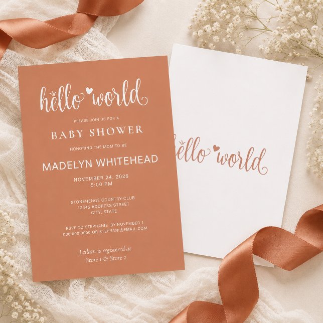 Minimalistisk Hello World Baby Shower Terracotta Inbjudningar (Invite your loved ones to you baby shower with these modern Hello World minimalistic Invitations.)