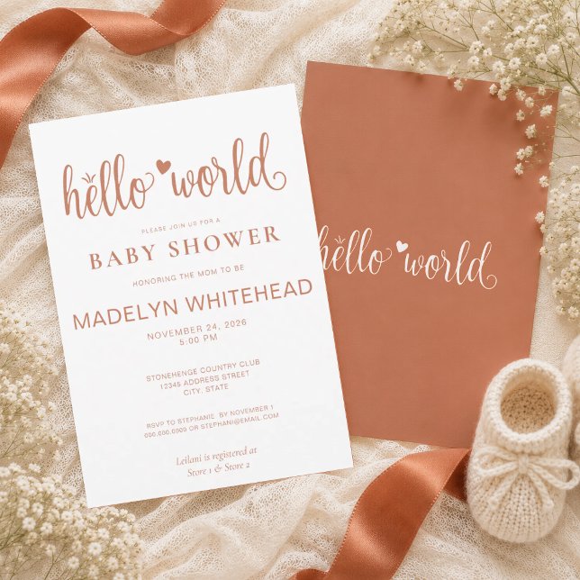 Minimalistisk Hello World Baby Shower Terracotta Inbjudningar (Invite your loved ones to you baby shower with these modern Hello World minimalistic Invitations.)