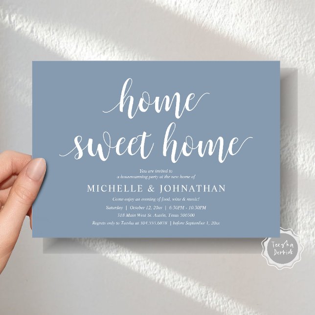 Minimalistisk Hemma Hos Party Inbjudningar (Minimalist Home Sweet Home Modern Housewarming Party Invitation Card in Dusty Blue)