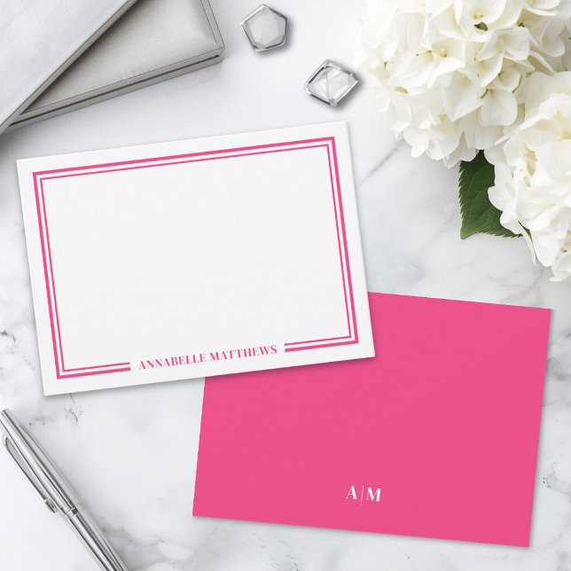 Minimalistisk hetrosa dubbelkantad monogram anteckningskort (Minimalist Hot Pink Two Border Monogram Note Card)