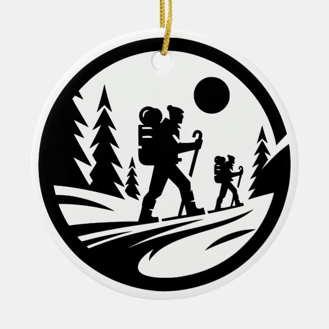 Minimalistisk Hiking Silhouette - svartvitt Julgransprydnad Keramik (Framsidan)