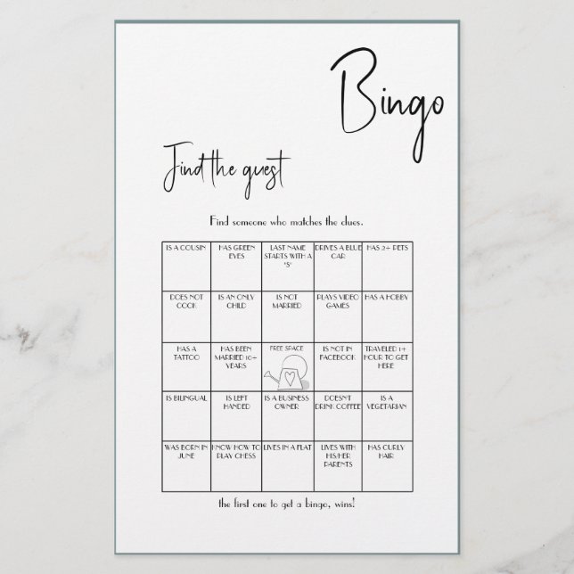 Minimalistisk Hitta Gäst-Bingo - Svart Utgåva Flygblad (Framsidan)