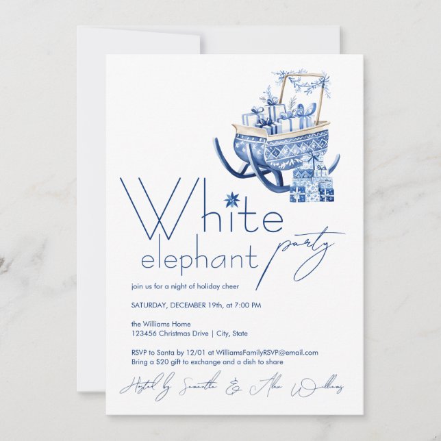 Minimalistisk Hygge Blue jul White Elephant Inbjudningar (Framsida)