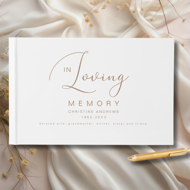 Minimalistisk i Loving Memory Funeral Gästböcker (Minimalist In Loving Memory Funeral White Guest Book, scripted font, elegant, simple.)