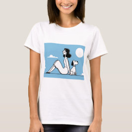 Minimalistisk illustration av kvinna och hund t shirt