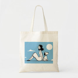 Minimalistisk illustration av kvinna och hund tygkasse