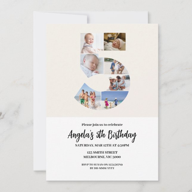 Minimalistisk inbjudan på femte födelsedag - numme (Framsida)