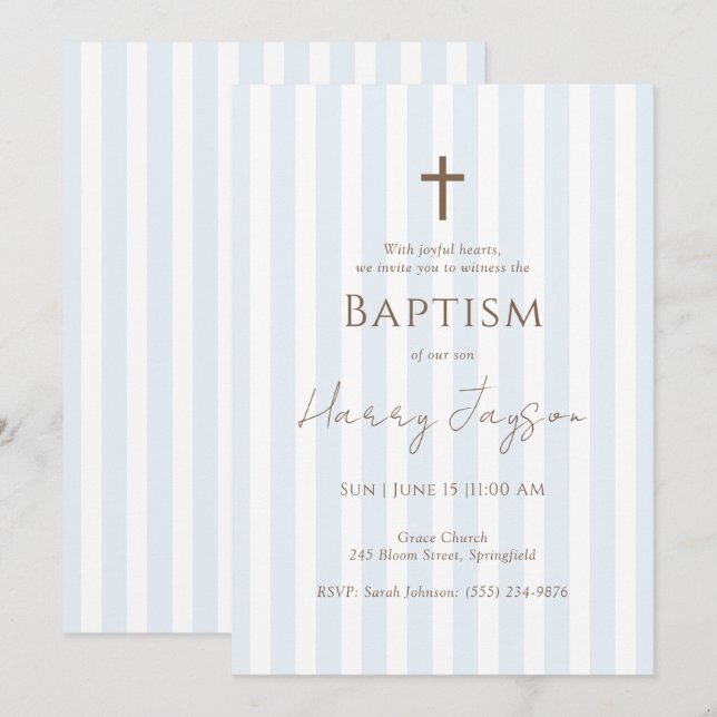 Minimalistisk inbjudan till Baptism i blå Rand Kor (Fram/baksida)