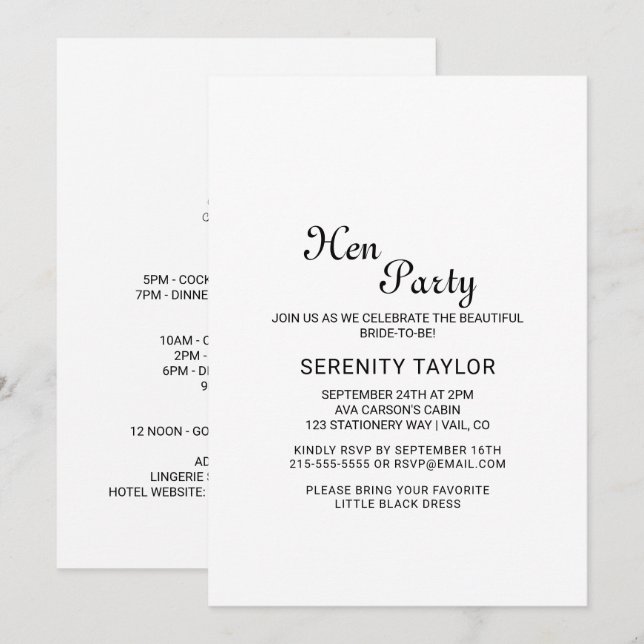Minimalistisk inbjudan till Black Calligraphy Hen  (Fram/baksida)