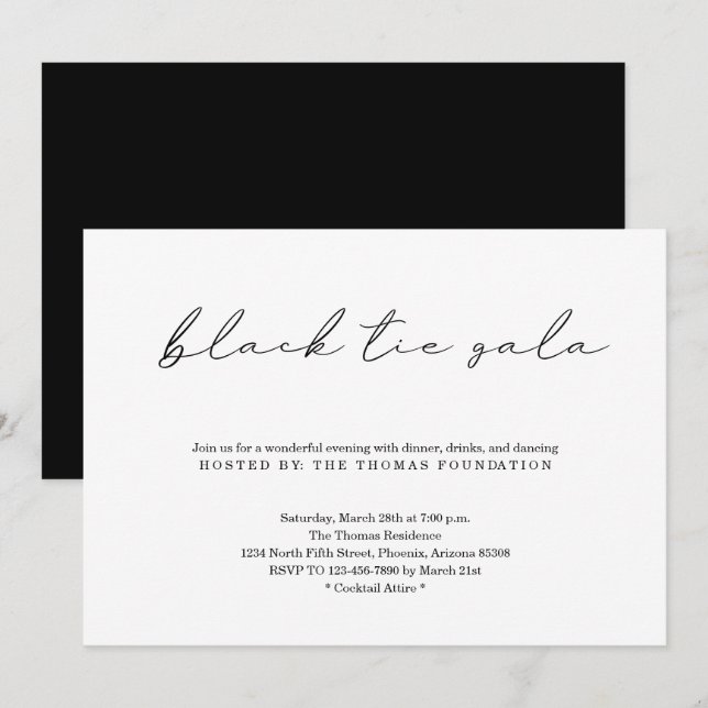Minimalistisk inbjudan till Black Tie Gala (Fram/baksida)