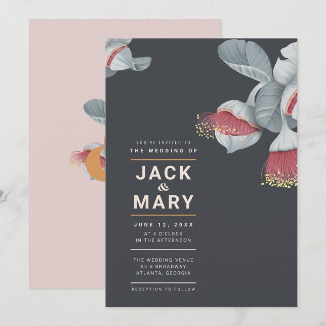 Minimalistisk inbjudan till botaniskt bröllop (Fram/baksida)
