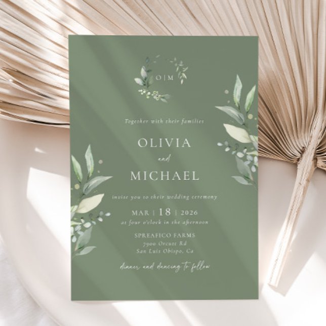 Minimalistisk inbjudan till botaniskt bröllop i Gr (Invitation)