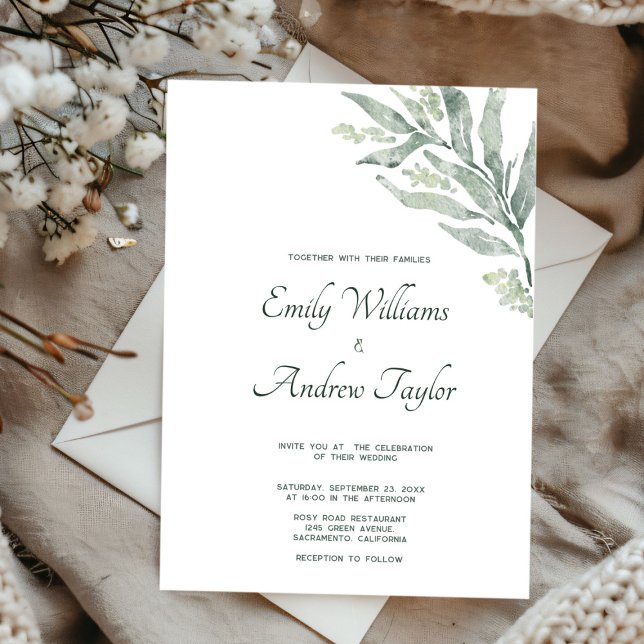 Minimalistisk inbjudan till bröllop med eukalyptus (Elegant minimalistic watercolor eucalyptus green invitation, perfect for weddings)