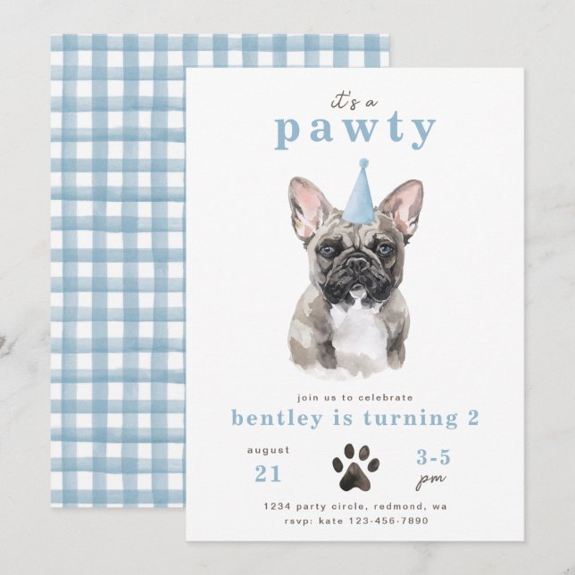 Minimalistisk inbjudan till franska Bull Dog | Paw (Fram/baksida)