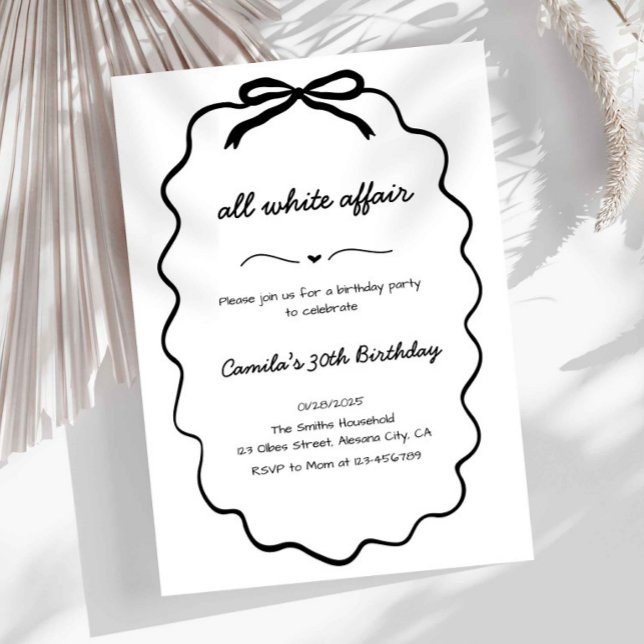 Minimalistisk inbjudan till helvitt party (all white party invitation, minimalist birthday invite, elegant birthday invitation, black and white)
