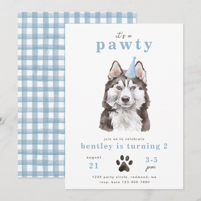 Minimalistisk inbjudan till Husky-Hund | Pawty (Fram/baksida)