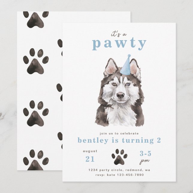 Minimalistisk inbjudan till Husky-Hund | Pawty (Fram/baksida)