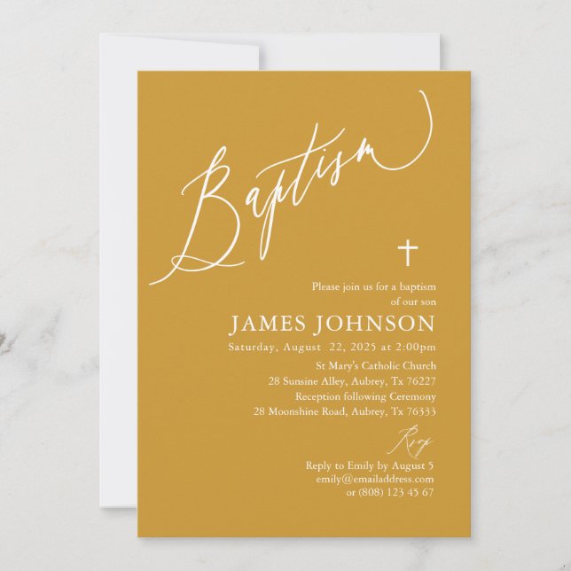 Minimalistisk inbjudan till Mustard Gult Baptism (Framsida)