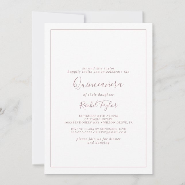 Minimalistisk inbjudan till Ro Guld Quinceañera (Framsida)
