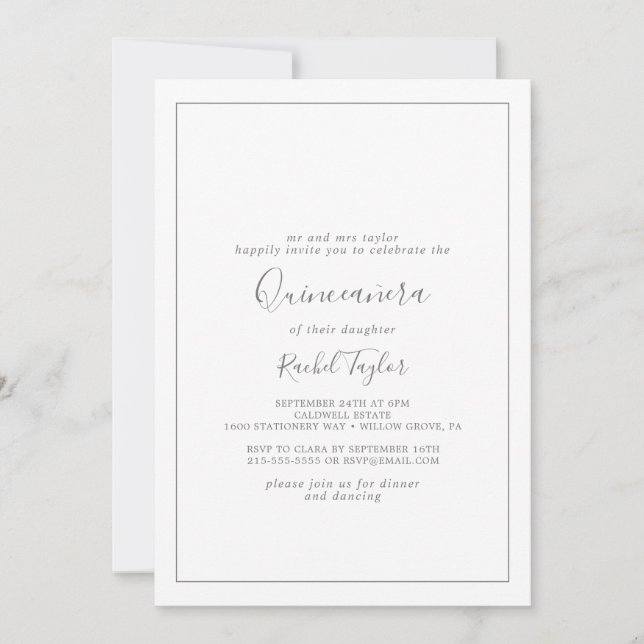 Minimalistisk inbjudan till Silver Quinceañera (Framsida)