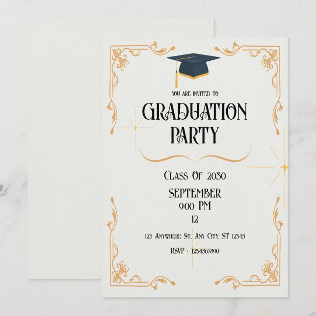 Minimalistisk inbjudan till vit Studentfest (Fram/baksida)