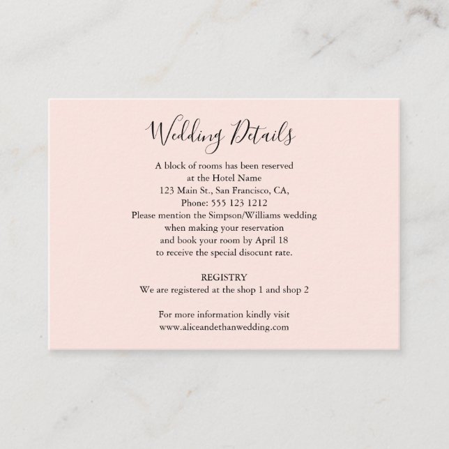 Minimalistisk information om Bröllop med foto Rosa Tilläggskort (Framsida)