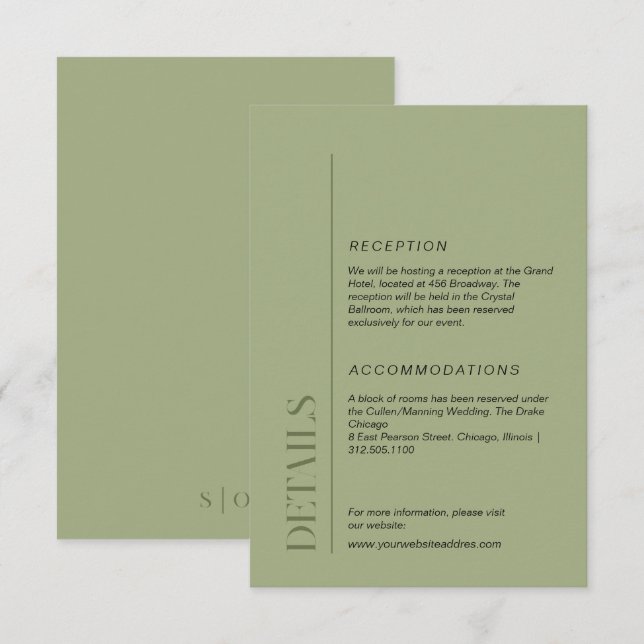 Minimalistisk information om grönt bröllop tilläggskort (Fram/baksida)