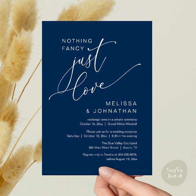 Minimalistisk Inget Tjälligt Bara Kärlek Bröllopsm Inbjudningar (Minimalist Nothing Fancy Just Love Wedding Dinner Invitation Card in Chic Navy Blue)