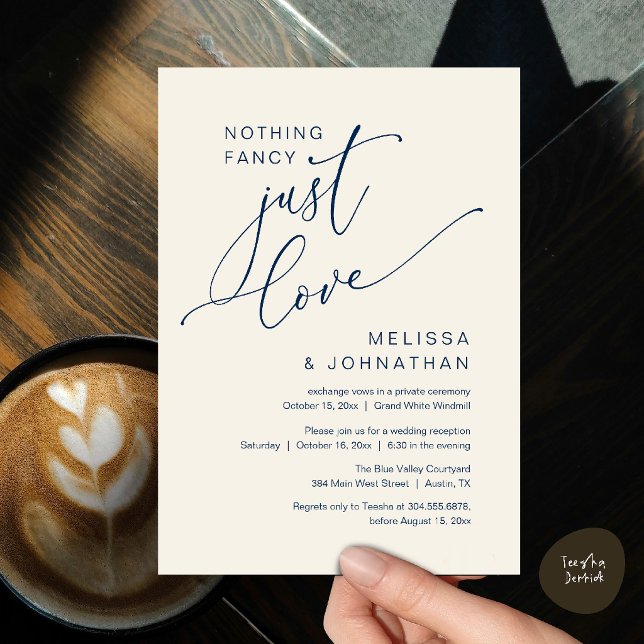 Minimalistisk Inget Tjälligt Bara Kärlek Bröllopsm Inbjudningar (Minimalist Nothing Fancy Just Love Wedding Dinner Invitation Card in Chic Navy Blue Ivory)