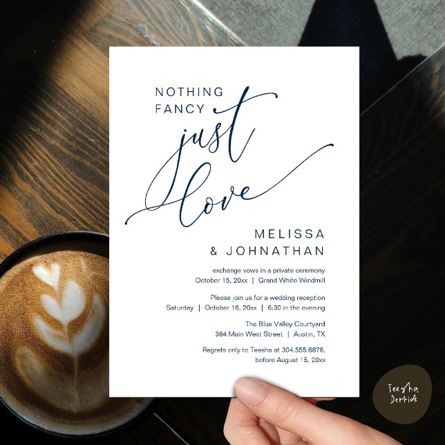 Minimalistisk Inget Tjälligt Bara Kärlek Bröllopsm Inbjudningar (Minimalist Nothing Fancy Just Love Wedding Dinner Invitation Card in Chic Navy Blue)
